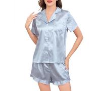 Vlazom Silk Pyjamas for Women,Soft Satin Pyjama Set Bride Shorts Pjs Set Button-Down Two Piece Sleepwear with Ruffled Hem Grey Blue Stripes,M