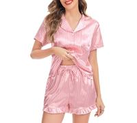 Vlazom Silk Pyjamas for Women,Soft Satin Pyjama Set Bride Shorts Pjs Set Button-Down Two Piece Sleepwear with Ruffled Hem Pink Stripes,L