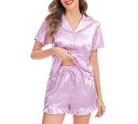 Vlazom Silk Pyjamas for Women,Soft Satin Pyjama Set Bride Shorts Pjs Set Button-Down Two Piece Sleepwear with Ruffled Hem Light Purple Stripes,S