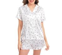 Vlazom Silk Pyjamas for Women,Soft Satin Pyjama Set Bride Shorts Pjs Set Button-Down Two Piece Sleepwear with Ruffled Hem Cherry Printed,M