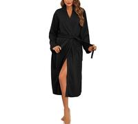 Vlazom Waffle Dressing Gowns Lightweight Kimono Robe Cotton Soft Bathrobe for All Seasons Spa Hotel Nursing Pregnancy Black,L