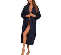 Vlazom Waffle Dressing Gowns Lightweight Kimono Robe Cotton Soft Bathrobe for All Seasons Spa Hotel Nursing Pregnancy Navy Blue,XXL