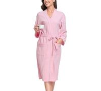 Vlazom Waffle Dressing Gowns Soft Unisex Bathrobe Lightweight Kimono Robes for All Seasons Spa Hotel Home Pink, M