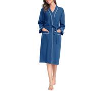 Vlazom Waffle Dressing Gowns Unisex Kimono Robe Cotton Lightweight Bathrobe for All Seasons Spa Hotel Sleepwear, Cobalt Blue, M