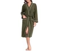 Vlazom Waffle Dressing Gowns Unisex Kimono Robe Cotton Lightweight Bathrobe for All Seasons Spa Hotel Sleepwear, Olive, XL