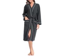 Vlazom Waffle Dressing Gowns Unisex Kimono Robe Cotton Lightweight Bathrobe for All Seasons Spa Hotel Sleepwear, Charcoal, L