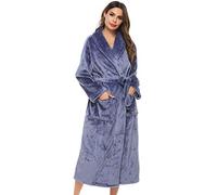 Vlazom Women Dressing Gown, Flannel Soft Robe Cosy Bathrobes Fluffy Warm Housecoat for Cold Winter, Dark Blue, XL(UK 20-24)
