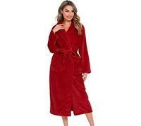 Vlazom Women Dressing Gown, Flannel Soft Robe Warm Bathrobes with Shawl Collar and Pockets for Cold Day, Red, XL(UK 20-24)