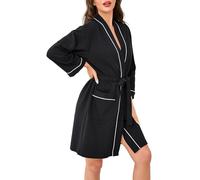 Vlazom Women Dressing Gown, Lightweight Waffle Robe Soft Cotton Bathrobes Mid-Length Robes with Pockets for All Seasons Spa Hotel Sleepwear Black,M
