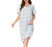 Vlazom Women Nightdress Button Front Nighties Pleated Lace Nightgowns Luxury Soft Touch Nightwear Sleep Dress with Pockets Blue Heart,XL