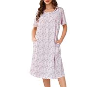 Vlazom Women Nightdress Button Front Nighties Pleated Lace Nightgowns Luxury Soft Touch Nightwear Sleep Dress with Pockets Pink Heart,M