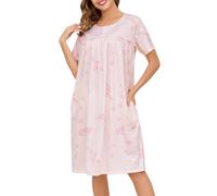 Vlazom Women Nightdress Button Front Nighties Pleated Lace Nightgowns Luxury Soft Touch Nightwear Sleep Dress with Pockets Pink,S
