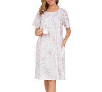 Vlazom Women Nightdress Button Front Nighties Pleated Lace Nightgowns Luxury Soft Touch Nightwear Sleep Dress with Pockets Pink Flower,L