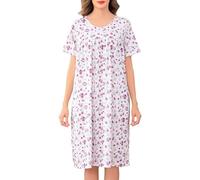 Vlazom Women Nightdress Button Front Nighties Pleated Lace Nightgowns Luxury Soft Touch Nightwear Sleep Dress with Pockets Dark Red Flower,XXL