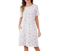 Vlazom Women Nightdress Cotton Nighties Cute Printed Nightgowns Luxury Soft Touch Nightwear Sleep Dress with Pockets Leaves Print,XL