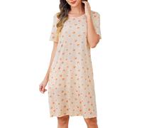 Vlazom Women Nightdress Cotton Nighties Cute Printed Nightgowns Luxury Soft Touch Nightwear Sleep Dress with Pockets Orange Print,M