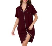 Vlazom Women Nighties Button Down Cotton Nightdress Boyfriend Style Sleepshirt Relaxed Nightshirt Hospital/Maternity/Nursing/Labour Nightgown with Pockets Wine Red,S
