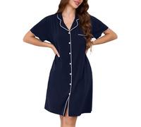 Vlazom Women Nighties Button Down Cotton Nightdress Boyfriend Style Sleepshirt Relaxed Nightshirt Hospital/Maternity/Nursing/Labour Nightgown with Pockets Navy Blue,XL