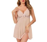 Vlazom Women Nighties, Sexy Lace Negligees Soft Nightdress Straps Chemises Slip V Neck Babydoll Sleepwear Nude,XXL