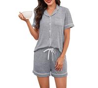 Vlazom Women Pyjamas, Short Sleeve Ladies Pyjamas Shorts Set Button Down Pj's Sets Sleepwear with Pockets Grey,XL