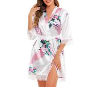 Vlazom Women Satin Dressing Gown Elegant Lace Trim Printed Kimono Robes Bride Party Robe for Wedding Nightwear S-XXL
