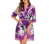 Vlazom Women Satin Dressing Gown Elegant Lace Trim Printed Kimono Robes Bride Party Robe for Wedding Nightwear S-XXL
