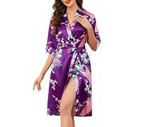Vlazom Women Satin Dressing Gown Long Silk Kimono Robes Peacock and Blossoms Bride Robe for Wedding Party S-XXL
