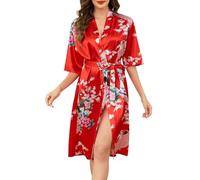 Vlazom Women Satin Dressing Gown Long Silk Kimono Robes Peacock and Blossoms Bride Robe for Wedding Party Red,S