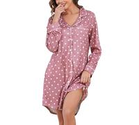 Vlazom Women Soft Nighties V-Neck Button Down Nightdress Classic Boyfriend Style Sleepshirt Long Sleeve Nightshirt Sleepwear Pink Dots,M