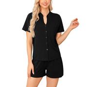 Vlazom Women's Cotton Pyjamas Set, Button Down Soft Pj's Sets Short Sleeve Top and Shorts for Summer Loungewear Sleepwear B-Black,S