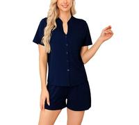 Vlazom Women's Cotton Pyjamas Set, Button Down Soft Pj's Sets Short Sleeve Top and Shorts for Summer Loungewear Sleepwear B-Navy Blue,L