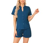 Vlazom Women's Cotton Pyjamas Set, Button Down Soft Pj's Sets Short Sleeve Top and Shorts for Summer Loungewear Sleepwear B-Cobalt Blue,L