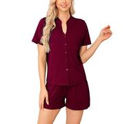 Vlazom Women's Cotton Pyjamas Set, Button Down Soft Pj's Sets Short Sleeve Top and Shorts for Summer Loungewear Sleepwear B-Wine Red,XL
