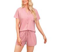 Vlazom Women's Cotton Pyjamas Set, Button Down Soft Pj's Sets Short Sleeve Top and Shorts for Summer Loungewear Sleepwear B-Rose Pink,L