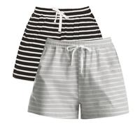 Vlazom Women's Cotton Pyjamas Shorts Comfy 2-Pack Sleep Bottoms Breathable Sleepwear Shorts for Summer with Drawstring & Pockets Black Stripe/Grey Stripe,XL
