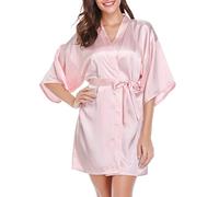 Vlazom Women's Kimono Robes Dressing Gown Satin Bathrobe Nightdress Short Style Bridal Robe with Oblique V-Neck Pink,L