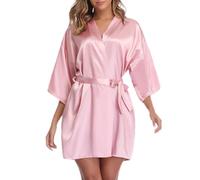 Vlazom Women's Kimono Robes Dressing Gown Satin Bathrobe Short Style Bridal Robe with Oblique V-Neck Dusky Rose, XXLL