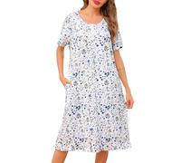 Vlazom Women's Long Nighties Cotton Soft Nightgown Pleated Casual Nightshirt U-Neck Buttons Nightdress Nightwear with Pockets S-3XL