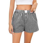 Vlazom Women's Lounge Shorts Cute Plaid Boxer Shorts Cotton Pyjama Bottoms for Cusal Sleep Gym Running with Pockets Black,XL