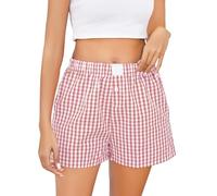 Vlazom Women's Lounge Shorts Cute Plaid Boxer Shorts Cotton Pyjama Bottoms for Cusal Sleep Gym Running with Pockets Dusky Pink,S