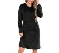 Vlazom Women's Luxury Fleece Nighties Warm Nightdresses Long Sleeve Thermal Nightshirt Cozy Nightgown Loungewear with Pockets Black,XL