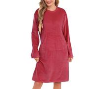 Vlazom Women's Luxury Fleece Nighties Warm Nightdresses Long Sleeve Thermal Nightshirt Cozy Nightgown Loungewear with Pockets Red,L