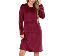 Vlazom Women's Luxury Fleece Nighties Warm Nightdresses Long Sleeve Thermal Nightshirt Cozy Nightgown Loungewear with Pockets Wine Red,XXL