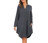 Vlazom Women's Nightdress, Ladies Long Sleeve Nighties Button Down Soft Nightshirts Sleep Dress Nightgown Sleepwear with Pockets Dark Grey,L