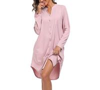 Vlazom Women's Nightdress, Ladies Long Sleeve Nighties Button Down Soft Nightshirts Sleep Dress Nightgown Sleepwear with Pockets Pink,XL