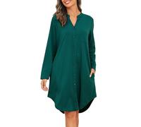 Vlazom Women's Nightdress, Ladies Long Sleeve Nighties Button Down Soft Nightshirts Sleep Dress Nightgown Sleepwear with Pockets Dark Green,XXL