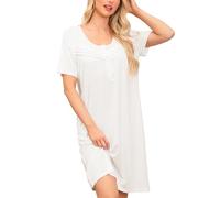Vlazom Women's Nightdress Round Neck Soft Nighties Buttons Classic Nightgown Short Sleeve Sleep Dress Nightshirt Sleepwear White,3XL