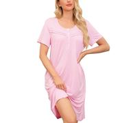 Vlazom Women's Nightdress Round Neck Soft Nighties Buttons Classic Nightgown Short Sleeve Sleep Dress Nightshirt Sleepwear Pink,3XL