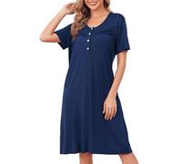 Vlazom Women's Nightdress Round Neck Soft Nighties Buttons Classic Nightgown Short Sleeve Sleep Dress Nightshirt Sleepwear Navy Blue,L