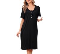 Vlazom Women's Nightdress Round Neck Soft Nighties Buttons Classic Nightgown Short Sleeve Sleep Dress Nightshirt Sleepwear Black,L